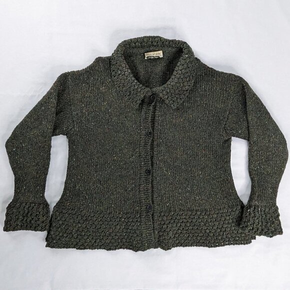 VTG Green Wool Hand Loomed In Ireland Button Front Collared Bell Sleeve Sweater - Picture 1 of 7